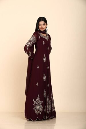 Mulberry purple Anarkali suit in georgette with antique zari sequins work