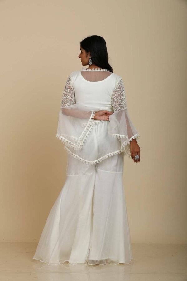 Off-White Organza Peplum Top with Moti Jaal Work