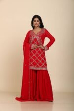 Red Georgette Sharara with Pita Aari Sequins Work