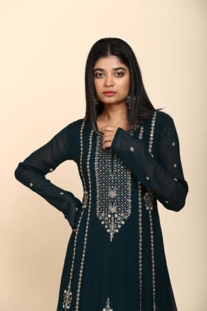 Teal blue Anarkali suit in georgette stripe design