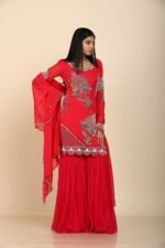 Red Georgette Sharara Set with Colourful Chid Work