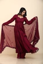 Wine Dola Silk Kurta Set with Mirror Work Dupatta