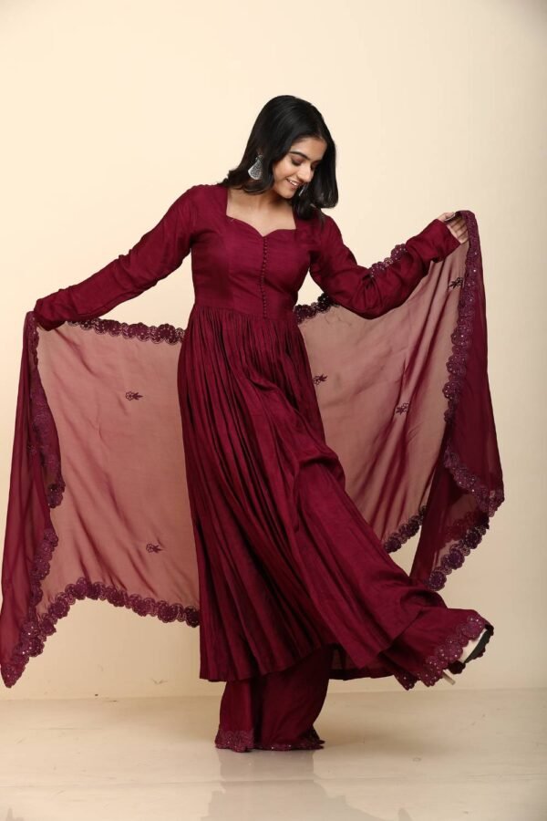 Wine Dola Silk Kurta Set with Mirror Work Dupatta