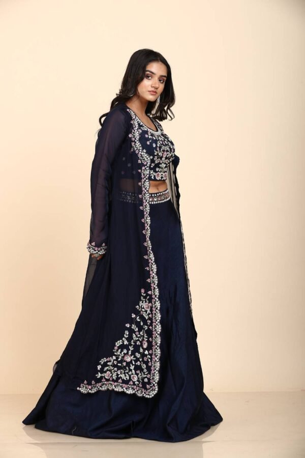 Elegant Blue Organza Jacket Skirt Blouse with Colourful Sequins Floral Design