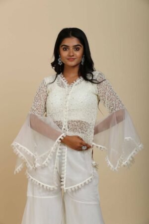 Off-White Organza Peplum Top with Moti Jaal Work