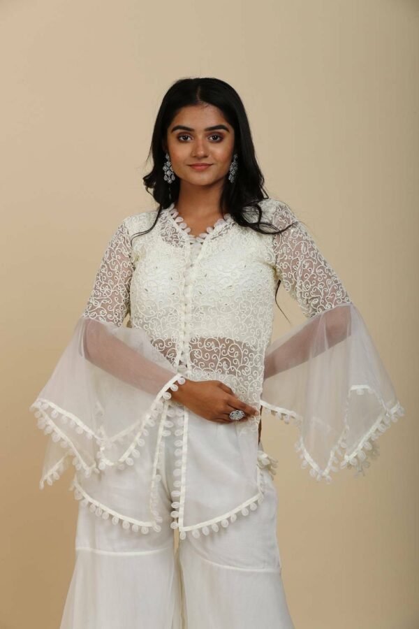 Off-White Organza Peplum Top with Moti Jaal Work