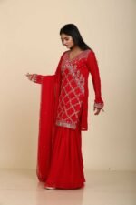 Red Georgette Sharara with Pita Aari Sequins Work
