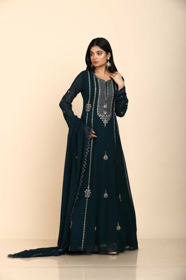 Teal blue Anarkali suit in georgette stripe design
