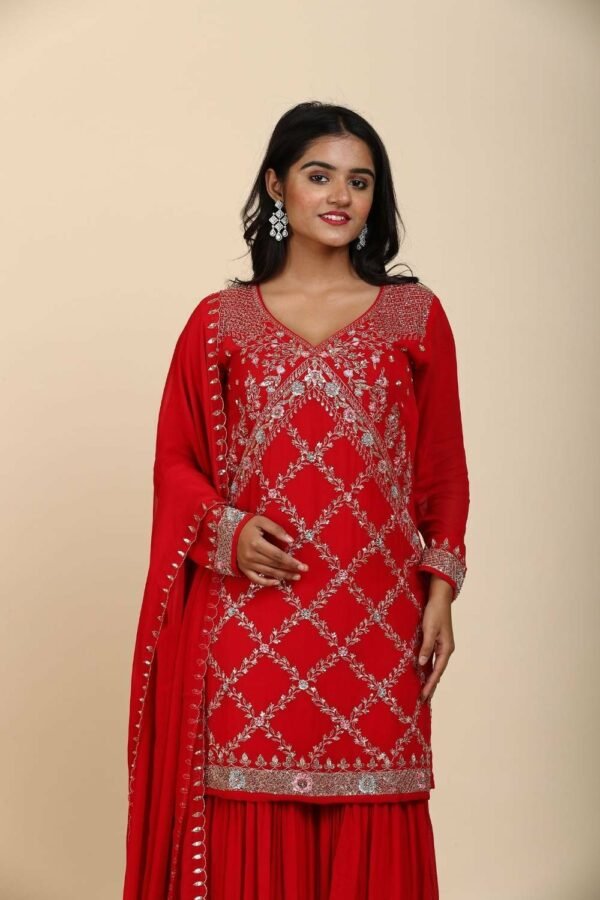Red Georgette Sharara with Pita Aari Sequins Work