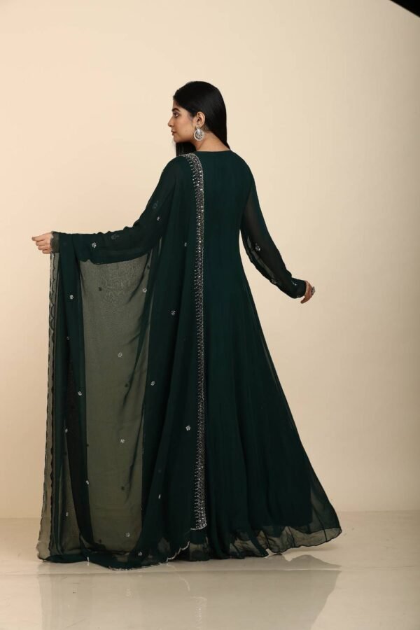Elegant Bottle Green Anarkali Suit with Georgette Fabric and Daman Jaal Embroidery
