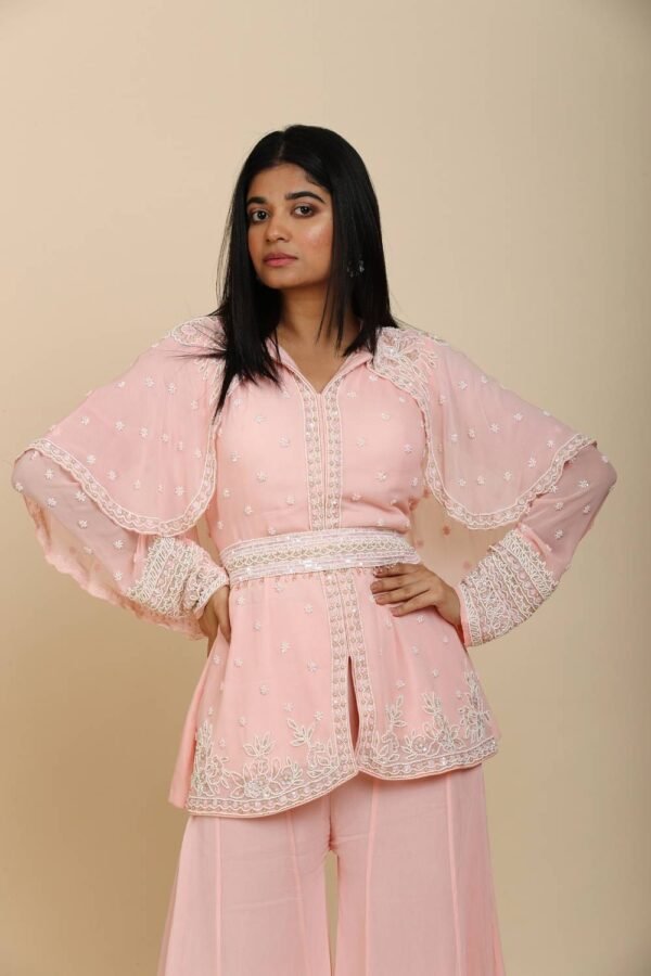 Peach Pink Top with Attached Shrug and Moti Work