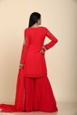 Red Georgette Sharara Set with Colourful Chid Work