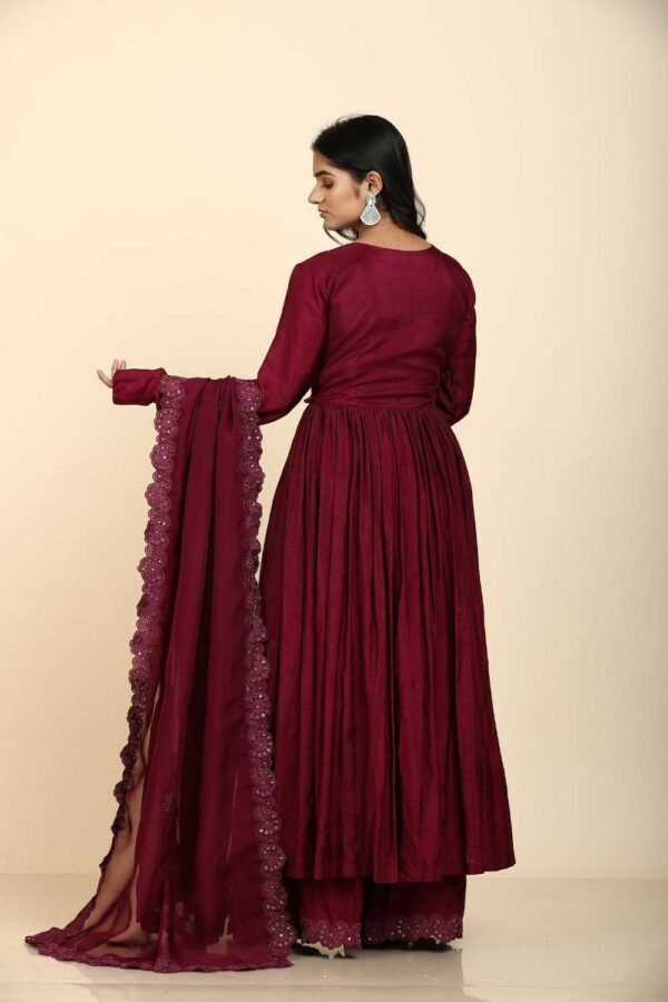 Wine Dola Silk Kurta Set with Mirror Work Dupatta