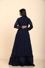 Elegant Blue Organza Jacket Skirt Blouse with Colourful Sequins Floral Design