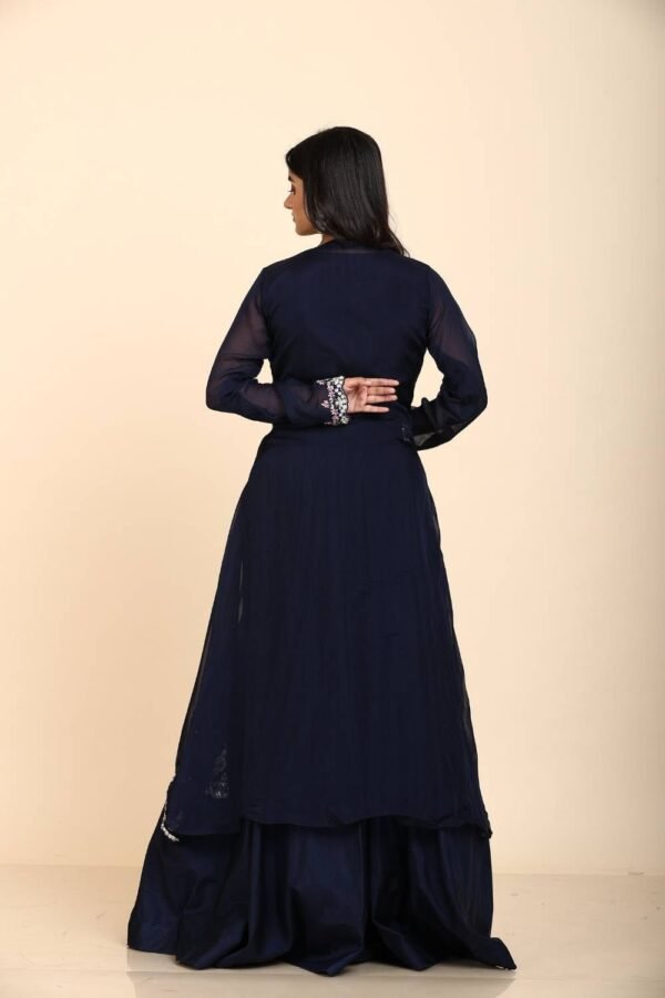 Elegant Blue Organza Jacket Skirt Blouse with Colourful Sequins Floral Design