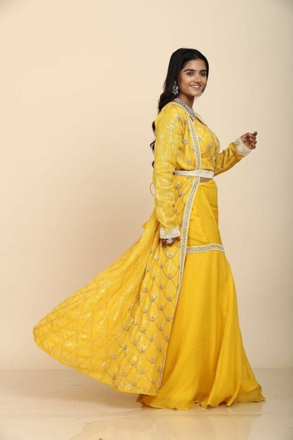 Yellow organza self sequins moti embroidery jacket blouse with Gararra