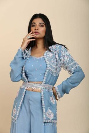 Ice Blue Organza Jacket and Palazzo Set with Belt