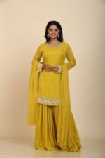 Mustard Yellow Georgette Sharara Set with Mirror & Moti Work