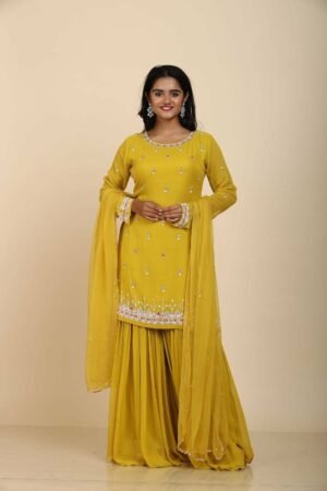 Mustard Yellow Georgette Sharara Set with Mirror & Moti Work