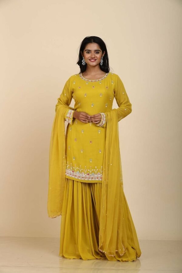 Mustard Yellow Georgette Sharara Set with Mirror & Moti Work