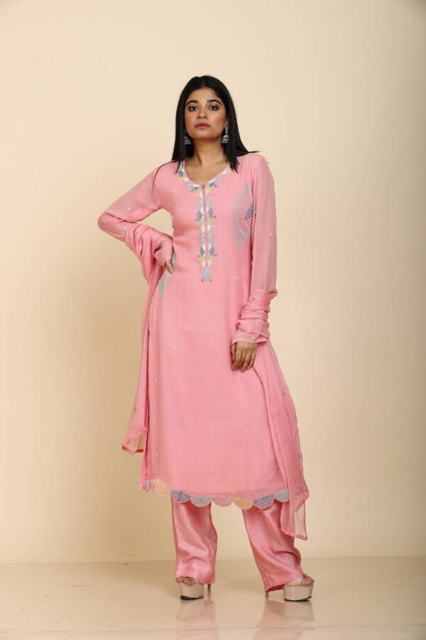 Pink Georgette Kurta Set with Pant and Dupatta