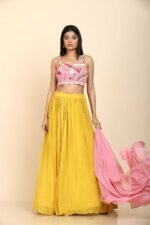 Mustard Yellow & Pink Georgette Lehenga with Pink Dupatta and Colourful Chid Work