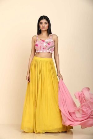 Mustard Yellow & Pink Georgette Lehenga with Pink Dupatta and Colourful Chid Work