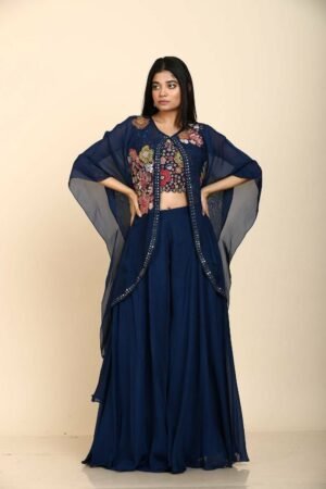 Blue Resham Palazzo Blouse with Jacket