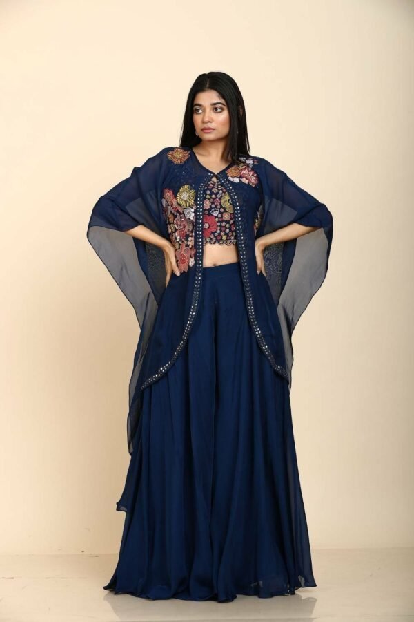 Blue Resham Palazzo Blouse with Jacket