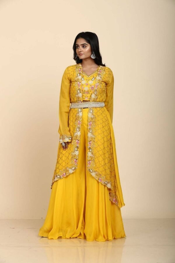 Yellow Organza Embroidered Jacket Blouse and Palazzo