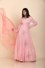 Pink Anarkali with colourful sequins embroidery work