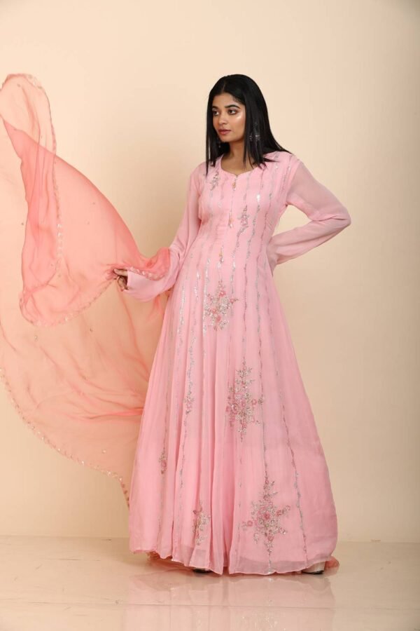 Pink Anarkali with colourful sequins embroidery work