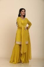 Mustard Yellow Georgette Sharara Set with Mirror & Moti Work