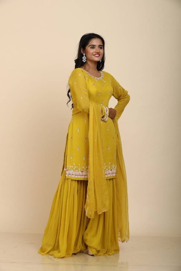 Mustard Yellow Georgette Sharara Set with Mirror & Moti Work