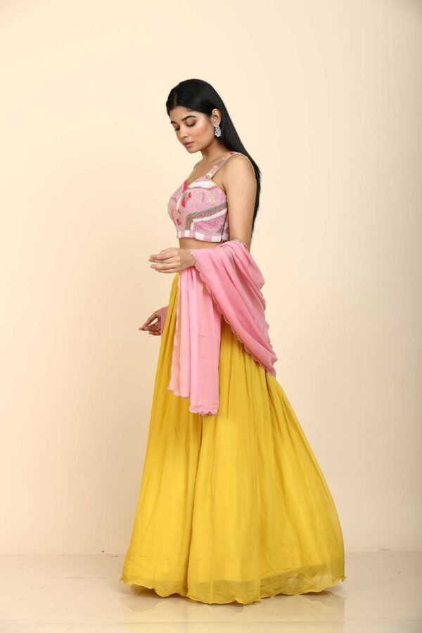 Mustard Yellow & Pink Georgette Lehenga with Pink Dupatta and Colourful Chid Work
