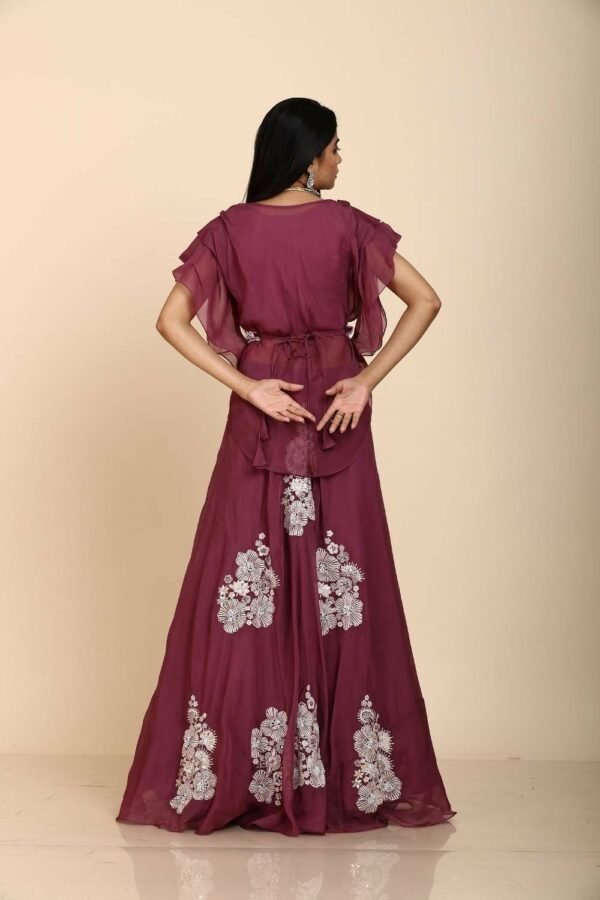 Plum Organza Top and Skirt with Resham and Mirror Embroidery