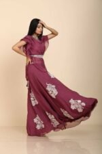 Plum Organza Top and Skirt with Resham and Mirror Embroidery