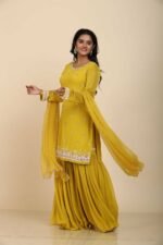 Mustard Yellow Georgette Sharara Set with Mirror & Moti Work