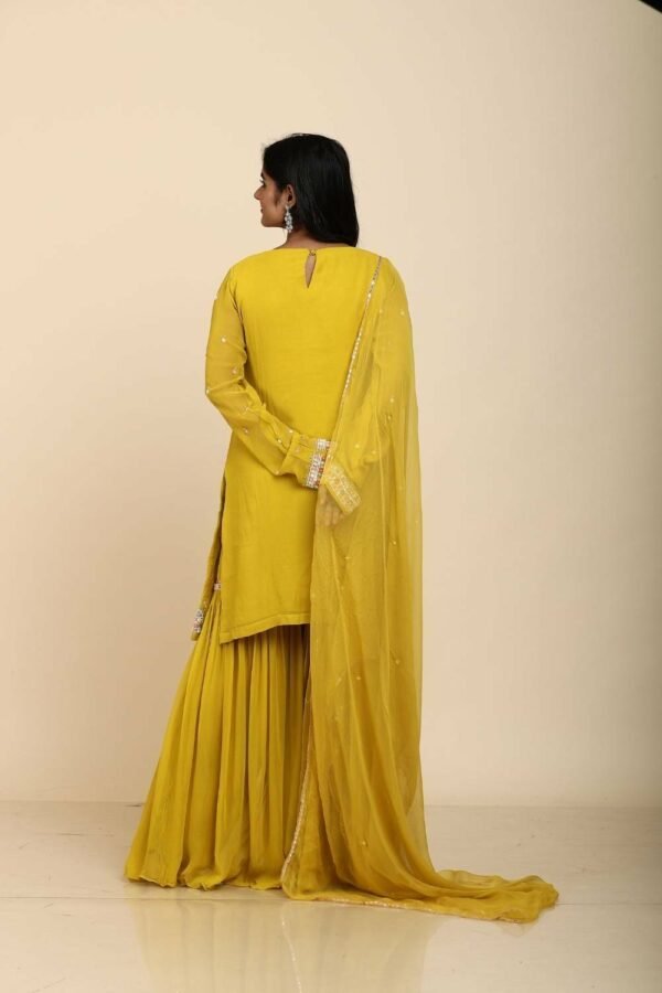 Mustard Yellow Georgette Sharara Set with Mirror & Moti Work