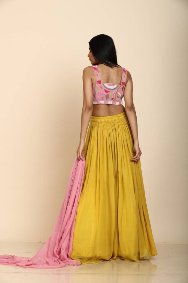 Mustard Yellow & Pink Georgette Lehenga with Pink Dupatta and Colourful Chid Work