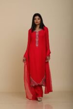 Red Georgette Kurta Set with Pant and Dupatta