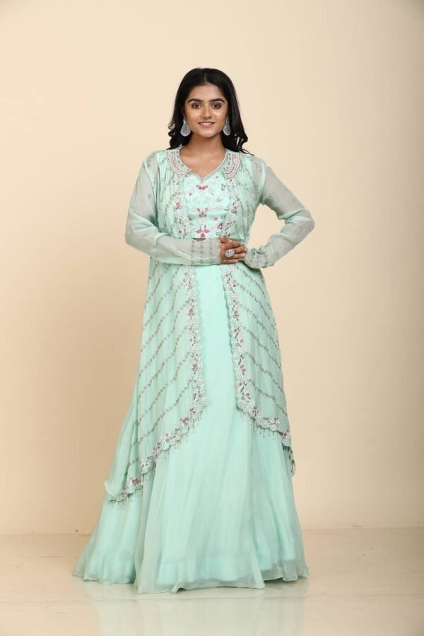 Sea Green Organza Lehenga Blouse Jacket with Cut Dana and Sequins Moti Work