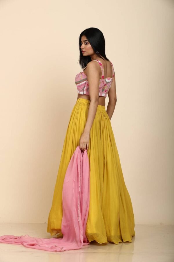 Mustard Yellow & Pink Georgette Lehenga with Pink Dupatta and Colourful Chid Work