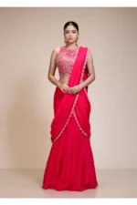 Rani Pink Ready-to-Wear Drape Saree with Hand Embroidered Zari Blouse