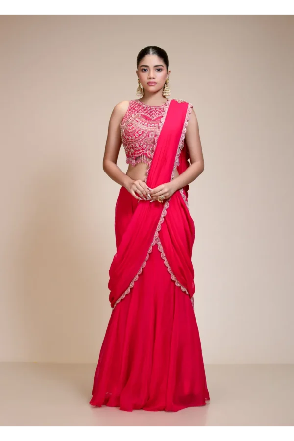 Rani Pink Ready-to-Wear Drape Saree with Hand Embroidered Zari Blouse