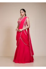 Rani Pink Ready-to-Wear Drape Saree with Hand Embroidered Zari Blouse