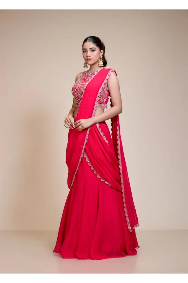 Rani Pink Ready-to-Wear Drape Saree with Hand Embroidered Zari Blouse