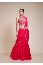 Rani Pink Ready-to-Wear Drape Saree with Hand Embroidered Zari Blouse