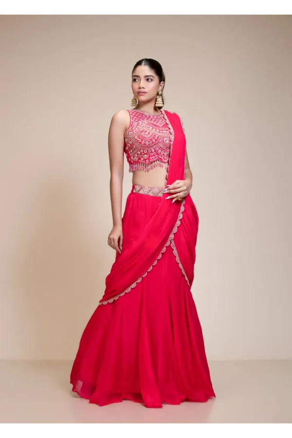 Rani Pink Ready-to-Wear Drape Saree with Hand Embroidered Zari Blouse