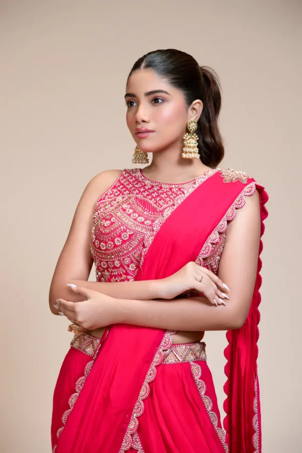 Rani Pink Ready-to-Wear Drape Saree with Hand Embroidered Zari Blouse